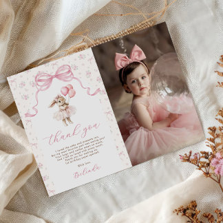 Pink Floral Coquette Bow Bunny 1st Birthday Photo Bedankkaart