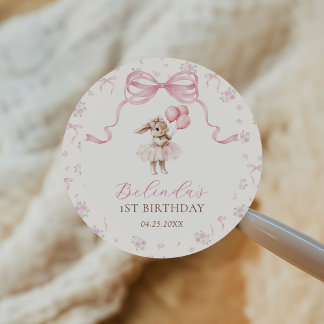 Pink Floral Coquette Bow Bunny 1st Birthday Ronde Sticker
