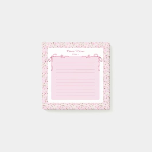 Pink Floral Coquette Bow Custom Name Post-it® Notes (Voorkant)