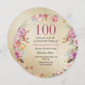 Pink Floral Country Gold 100e verjaardag Kaart (Voorkant / Achterkant)