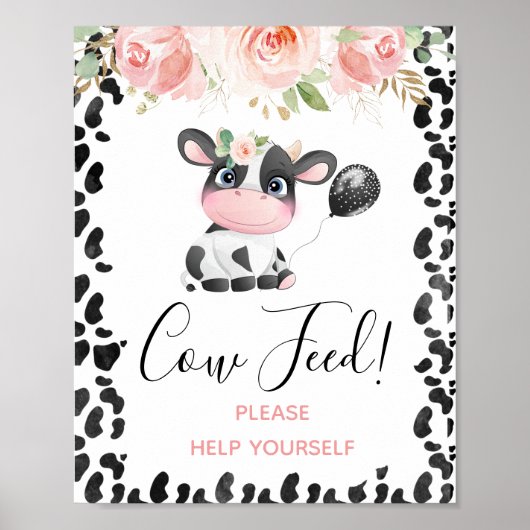 Pink Floral Cow Print Birthday Party Sign (Voorkant)