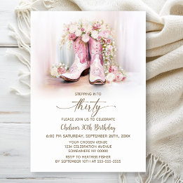Pink Floral Cowgirl Boots 30th Birthday Party Kaart