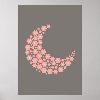 Pink Floral Crescent Moon on Dark Background – Rom Poster