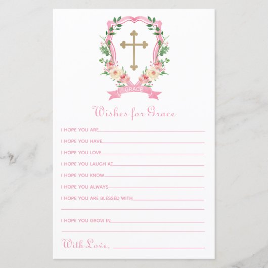 Pink Floral Crest Baptism Wishes for Baby (Voorkant)