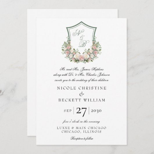 Pink Floral Crest Kaart (Voorkant / Achterkant)