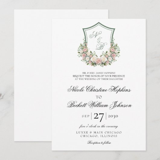 Pink Floral Crest Kaart (Voorkant / Achterkant)