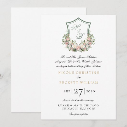 Pink Floral Crest Kaart (Voorkant / Achterkant)