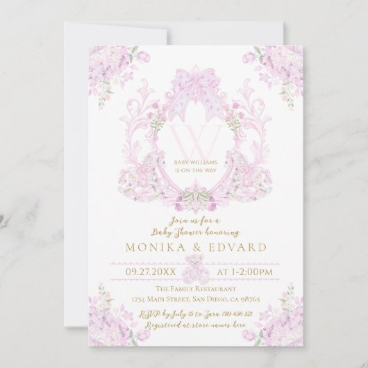 Pink Floral Crest Preppy Girl Baby shower Kaart (Voorkant)