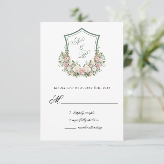 Pink Floral Crest RSVP Kaartje (Staand voorkant)