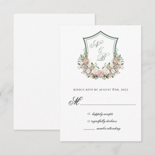 Pink Floral Crest RSVP Kaartje (Voorkant / Achterkant)