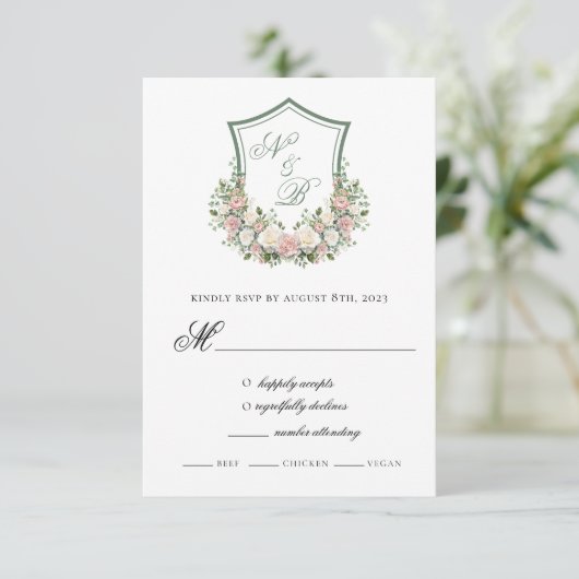 Pink Floral Crest RSVP Kaartje (Staand voorkant)