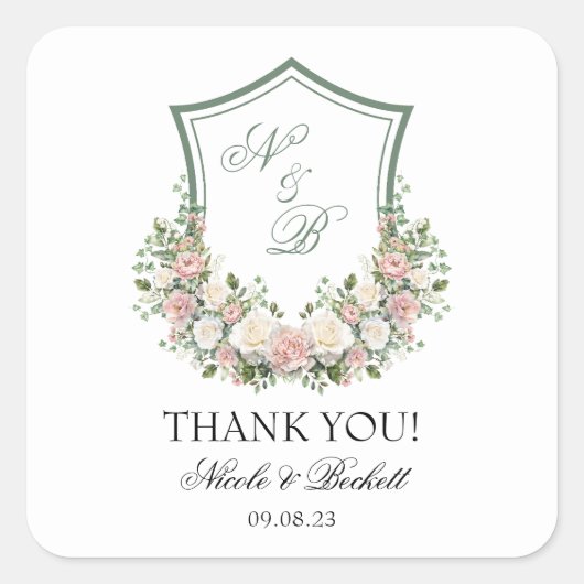 Pink Floral Crest Vierkante Sticker (Voorkant)