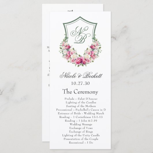 Pink Floral Crest Wedding Programma Programmakaart (Voorkant / Achterkant)