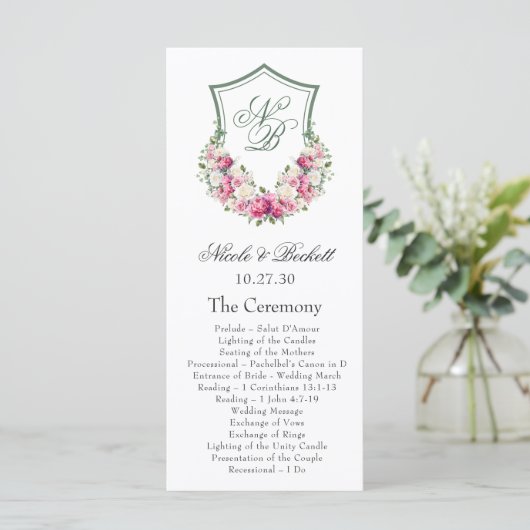 Pink Floral Crest Wedding Programma Programmakaart (Staand voorkant)