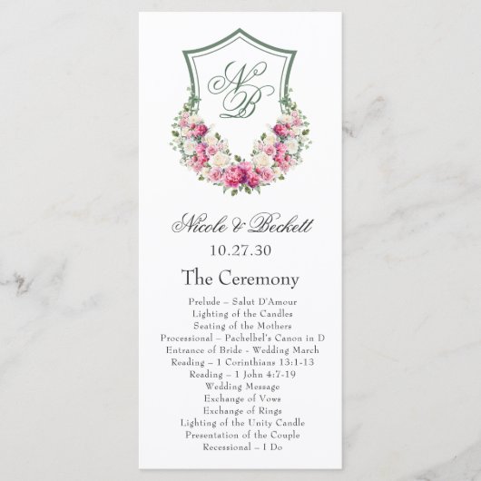 Pink Floral Crest Wedding Programma Programmakaart (Voorkant)