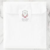Pink Floral Crest Wedding Retouradres Vierkante Sticker (Tas)