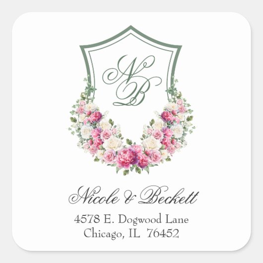 Pink Floral Crest Wedding Retouradres Vierkante Sticker (Voorkant)