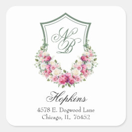 Pink Floral Crest Wedding Retouradres Vierkante Sticker