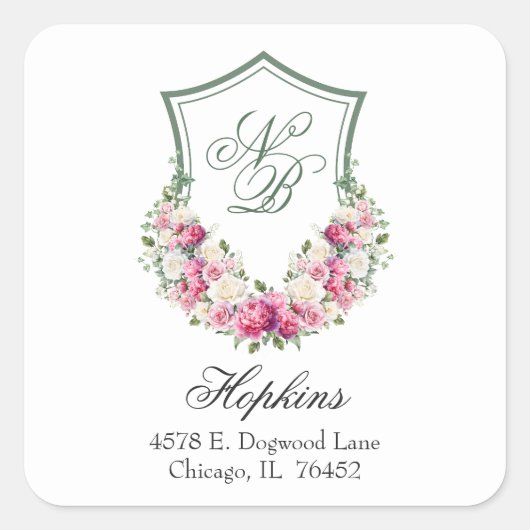 Pink Floral Crest Wedding Retouradres Vierkante Sticker (Voorkant)
