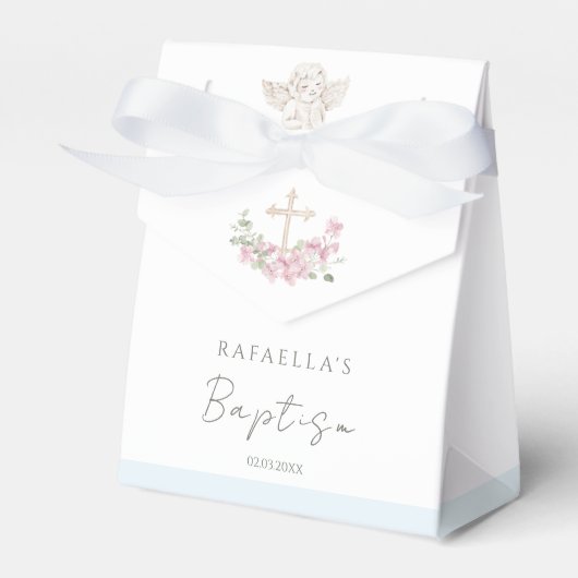 Pink Floral Cross Angel Baptism Favor Boxes Bedankdoosjes (Voorkant Zijde)