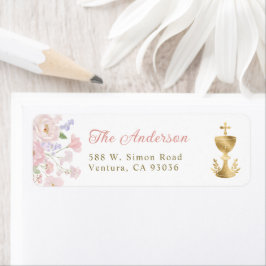 Pink Floral Cross Baptism Christening Address Etiket