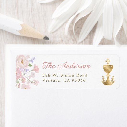 Pink Floral Cross Baptism Christening Address Etiket (Insitu)