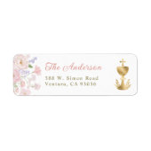 Pink Floral Cross Baptism Christening Address Etiket (Voorkant)