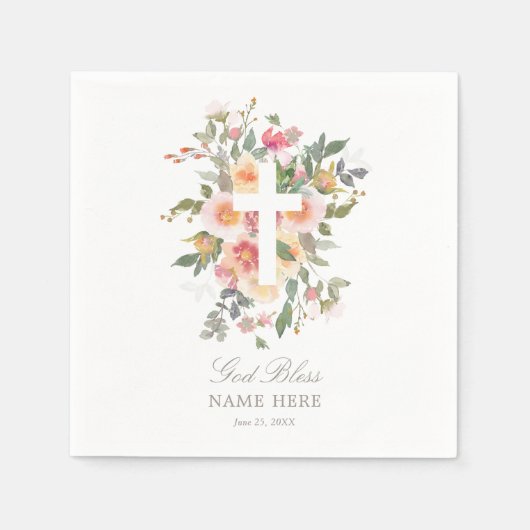 Pink Floral Cross Baptism Paper Napkin Servet (Voorkant)