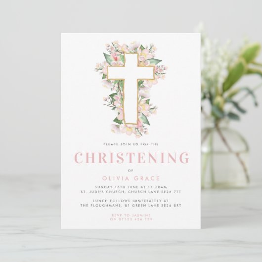 Pink Floral Cross Christening Uitnodiging (Staand voorkant)
