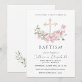 Pink Floral Cross Eucalyptus Leaves Baptism Kaart (Voorkant / Achterkant)