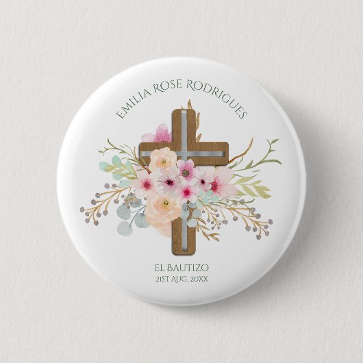 Pink Floral Cross Girls Bautizo Bautismo Baptisme Ronde Button 5,7 Cm (Voorkant)