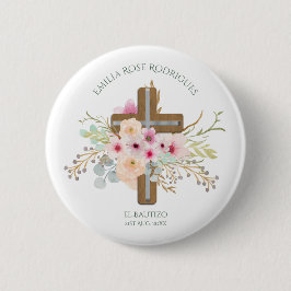 Pink Floral Cross Girls Bautizo Bautismo Baptisme Ronde Button 5,7 Cm