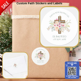 Pink Floral Cross Girls Bautizo Bautismo Baptisme Ronde Sticker