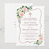Pink Floral Cross Spain 1st Birthday Baptisme Kaart (Voorkant / Achterkant)