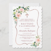 Pink Floral Cross Spain 1st Birthday Baptisme Kaart (Voorkant)