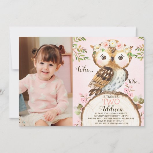 Pink Floral Crown Owl Photo Birthday Invitation Kaart (Voorkant)