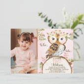 Pink Floral Crown Owl Photo Birthday Invitation Kaart (Staand voorkant)