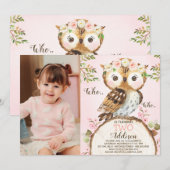 Pink Floral Crown Owl Photo Birthday Invitation Kaart (Voorkant / Achterkant)