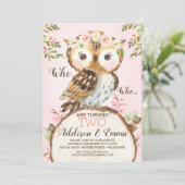 Pink Floral Crown Owl Twins Joint Birthday Kaart (Staand voorkant)