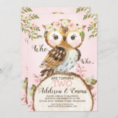 Pink Floral Crown Owl Twins Joint Birthday Kaart (Voorkant / Achterkant)