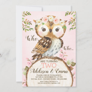 Pink Floral Crown Owl Twins Joint Birthday Kaart