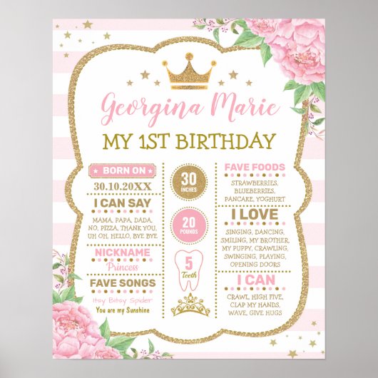 Pink Floral Crown Princess 1st Birthday Milestone Poster (Voorkant)
