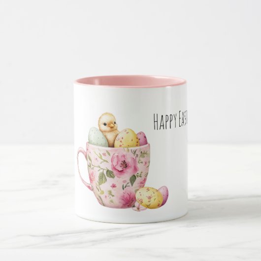Pink Floral Cup of Easter Eggs Baby Chick Mok (Midden)