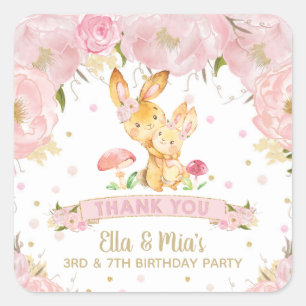 Pink Floral Cute Bunnies Joint Sisters Birthday Vierkante Sticker