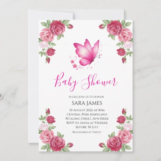 Pink Floral Cute Butterfly Baby Shower Invitation Kaart (Voorkant)