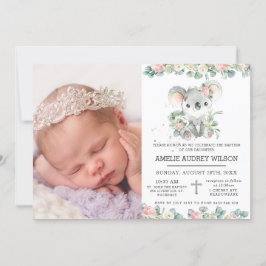 Pink Floral Cute Koala Baptism Christening Foto Kaart