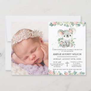 Pink Floral Cute Koala Baptism Christening Foto Kaart