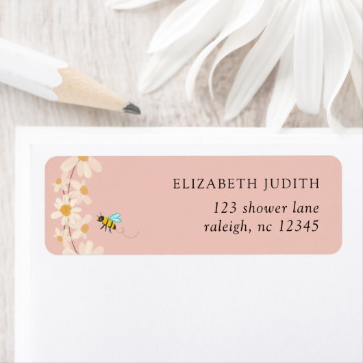 Pink Floral Daisy Bees Baby shower Retouradres Etiket (Insitu)