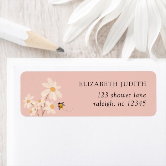 Pink Floral Daisy Bees Baby shower Retouradres Etiket (Insitu)