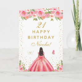 Pink Floral Dark Skin Girl Birthday Kaart